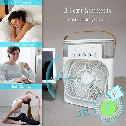 3-in-1 Portable Air Cooler. Cools, Humidifies, and Purifies the Air for a Fresh Feel.